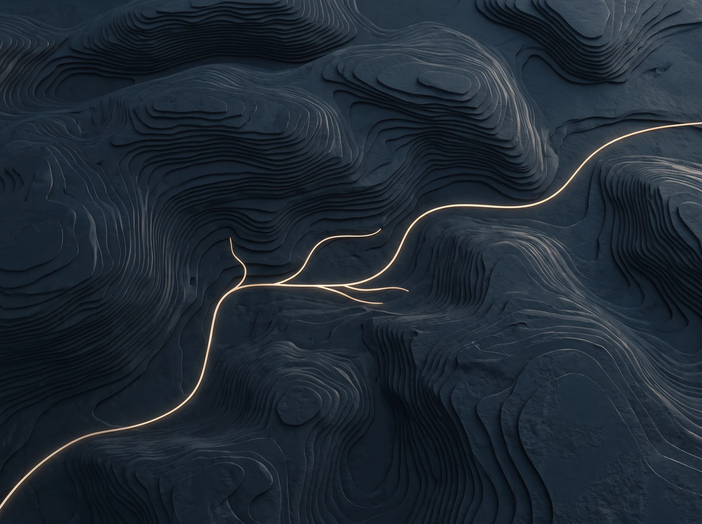 Layered pathways converge into one clear route across a dark blue topographic landscape.